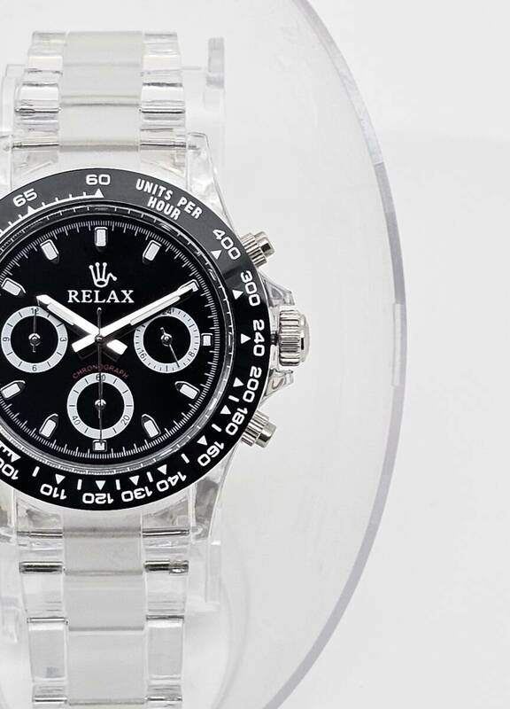 【即決4999円】RELAX リラックス 王冠ロゴ D8 腕時計 クロノ 爆発的な人気のあるモデルの一つ御時計 黒文字盤 所ジョージ