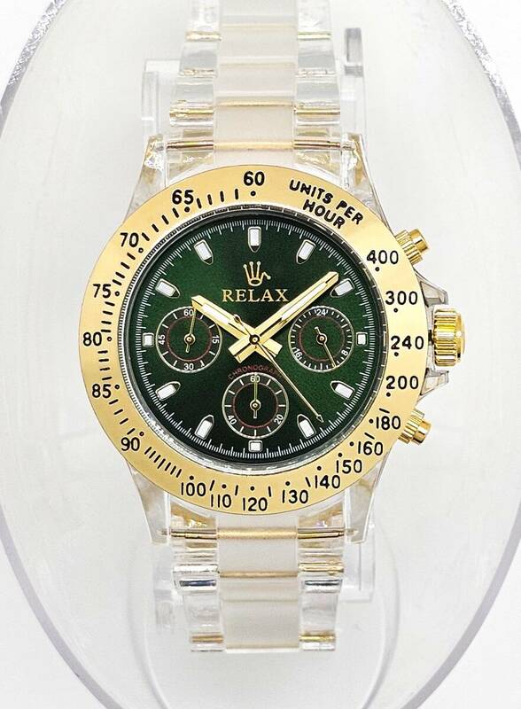 【激安1円】RELAX リラックス 王冠ロゴ D28 腕時計 クロノ 鮮やかなグリーンカラーが大変魅力的なモデル グリーンダイヤル文字盤 世田谷