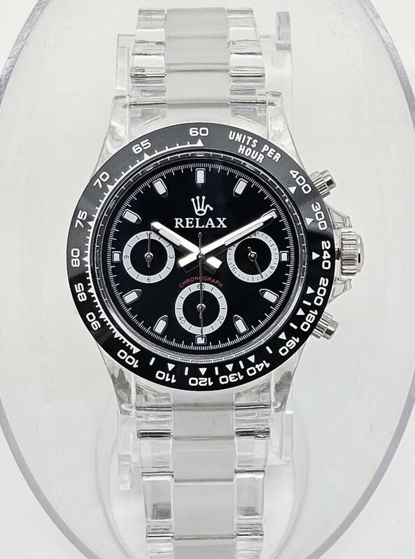 【激安1円】RELAX リラックス 王冠ロゴ D8 腕時計 クロノ 爆発的な人気のあるモデルの一つ御時計 黒文字盤 所ジョージ