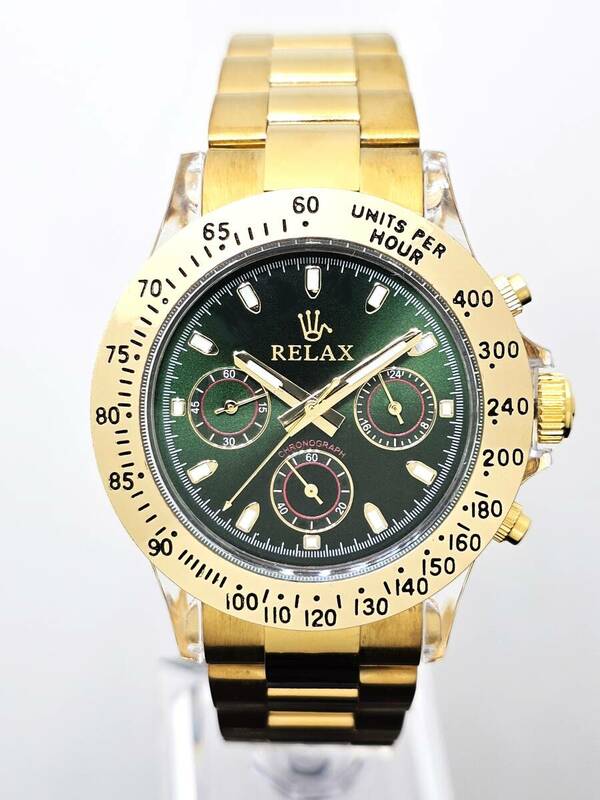 【即決大特価】RELAX リラックス 王冠ロゴ D28-FGS カスタム腕時計 クロノ 鮮やかなグリーンカラーが大変魅力的なモデル グリーン