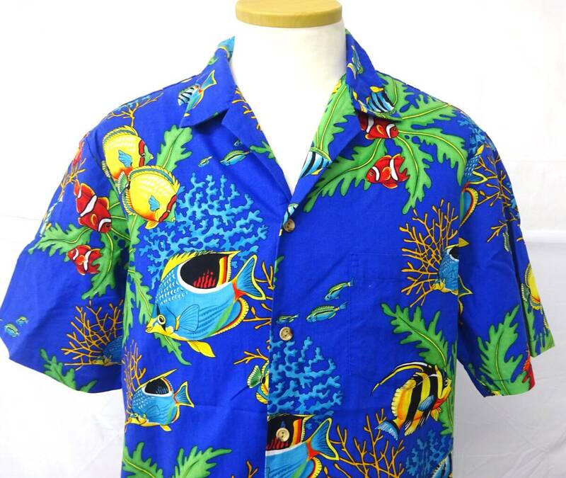 PRLDE　アロハシャツ　半袖シャツ　ハワイ　総柄　海　魚　ブルー　夏　Lサイズ　メンズ　Y-683い