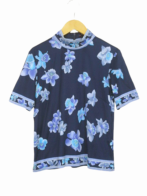 レオナール LEONARD FASHION Tシャツ カットソー 半袖 ハイネック 花柄 ネイビー ブルー size L レディース