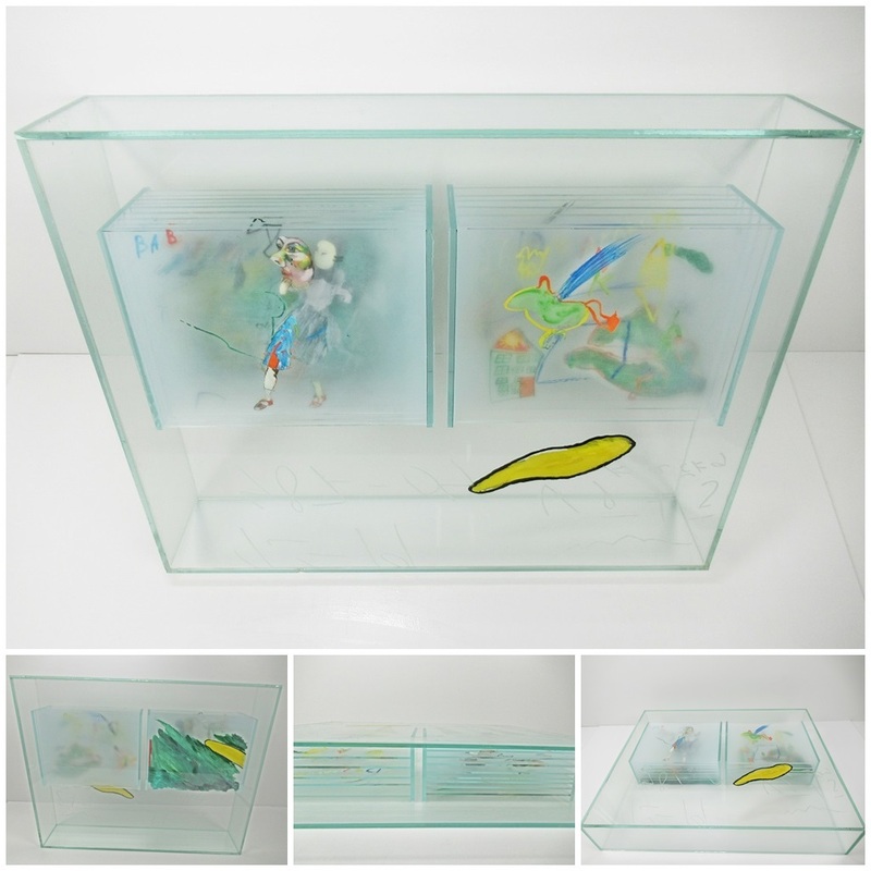 ◆[A125]無題　油絵と混合メディア ガラス ミクストメディア 複数の層の板ガラス上に油彩で絵画を制作 立体的な標本アート オブジェクト