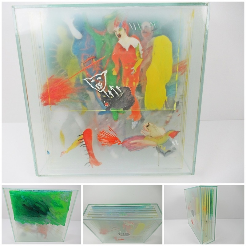 ◆[A146]無題　油絵と混合メディア ガラス ミクストメディア 複数の層の板ガラス上に油彩で絵画を制作 立体的な標本アート オブジェクト