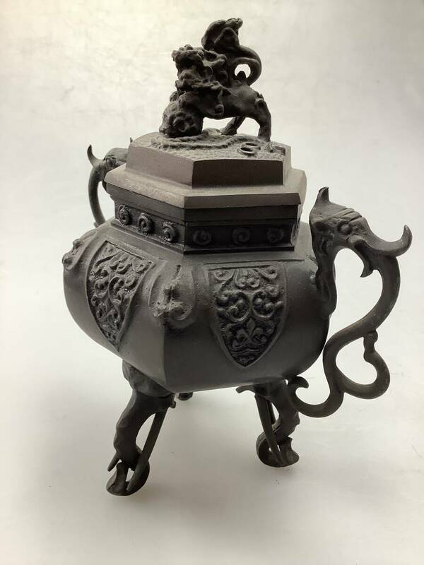Y2549 茶道具 香炉 栄翠 在銘 銅製 骨董 中国 唐物 古美術 獅子