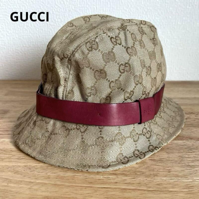 GUCCI　グッチ　バケットハット　レザー切り替え　GGキャンバス　ロゴ