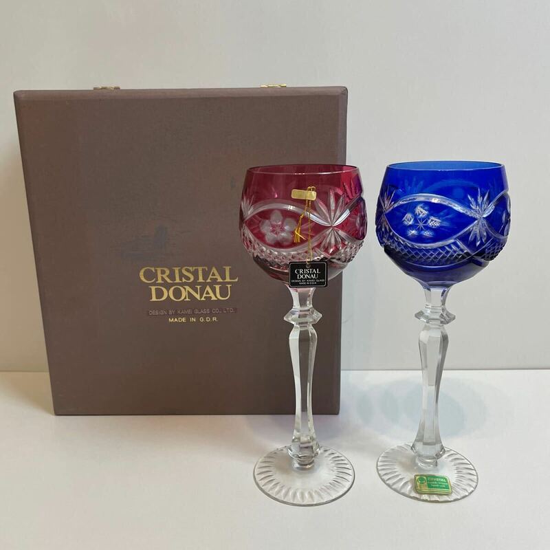 RISTAL DONAU ワイングラス ペア カメイガラス ハンドカット ブルー　レッド　未使用　アンティーク　箱有り　ヴィンテージ　セット　霧子