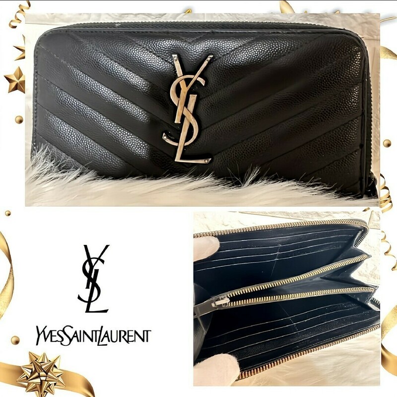 人気商品 Yves Saint Laurent イヴサンローラン YSL Paris 長財布 カサンドラ Vステッチ キャビアスキン