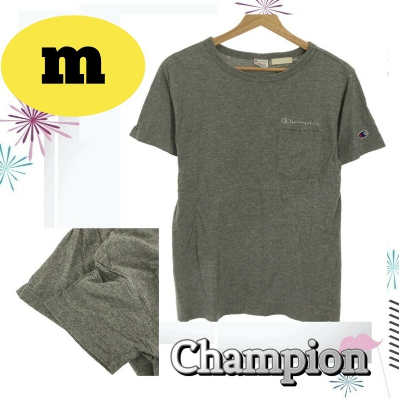 Champion チャンピオン アースミュージックアンドエコロジー トップス Tシャツ 袖ワンポイント レディース グレー M