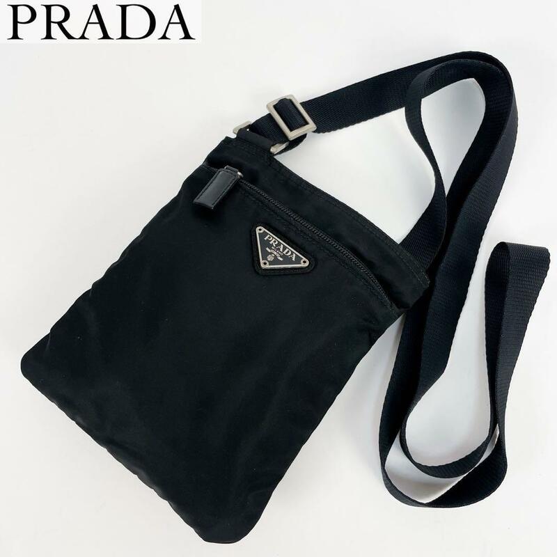 極美品・人気モデル PRADA プラダ ショルダーバッグ クロスボディバッグ ポーチ 三角プレート 白タグ ブラック ナイロン