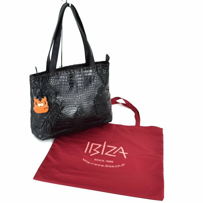 即決　極美品　IBIZA イビザ 最高峰 クロコダイル ワニ革 レザートートバッグ（チャーム付）ブラック