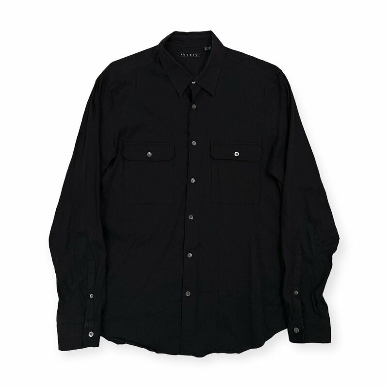 リネン混◆theory セオリー 両胸ポケット シェルボタン 長袖 シャツ ワークシャツ サイズM/黒 ブラック系