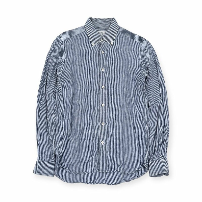 リネン100%◆Maker's Shirt 鎌倉 BD ボタンダウン ストライプ 長袖シャツ サイズ S/ブルー×ホワイト/日本製/麻