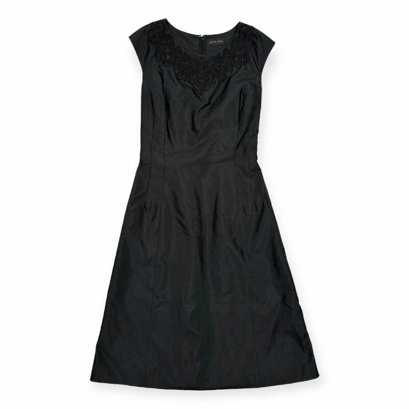 シルク100%◆yoshie inaba ヨシエイナバ 刺繍 デザイン ノースリーブ ワンピース ドレス サイズ 9/黒/ブラック/絹/フォーマル/日本製