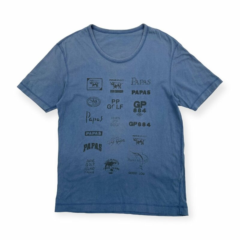 Papas パパス プリント 半袖Tシャツ カットソー サイズ S (46) /くすみブルー/メンズ/日本製