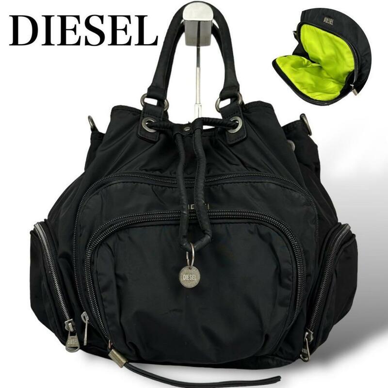 DIESEL ディーゼル　2way ショルダーバッグ ハンドバッグ 巾着 ナイロン ロゴ 黒