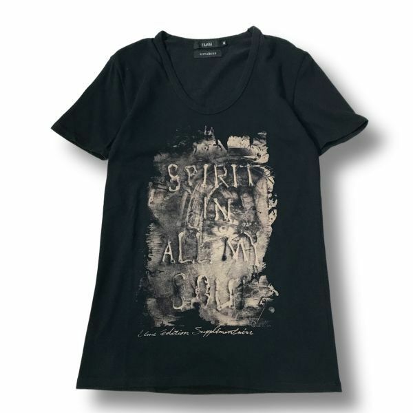 《良品◎》TRAVAS CIVARIZE トラヴァス シヴァーライズ★フロントデザイン*Tシャツ*カットソー*ブラック*サイズ44(MS3005)◆YP