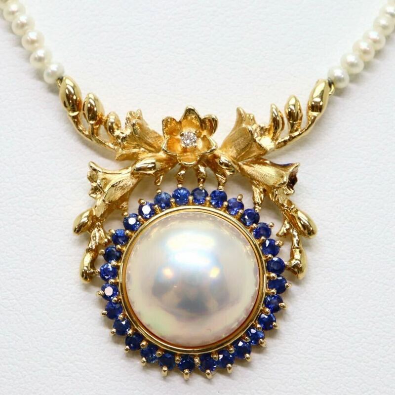 ソ付!豪華!《K18/K14 マベパール/天然サファイア/天然ダイヤモンド/本真珠ネックレス》M 16.0g 約40.0cm necklace diamond jewelry EI1/EI1