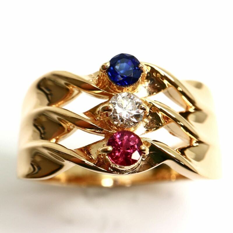 ソ付き!!豪華!!《K18天然ダイヤモンド/天然ルビー/天然サファイアリング》M 6.1g 約13号 0.12ct diamond ring 指輪 sapphire ruby EE6/EE6