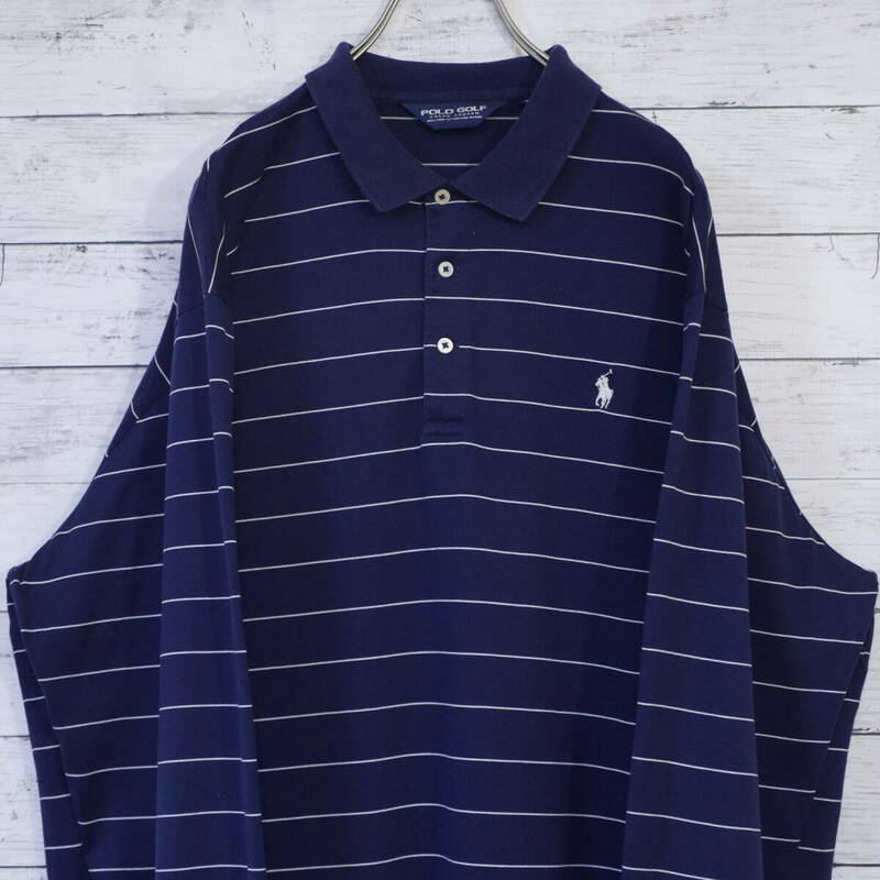 90s Polo Ralph Lauren ポロラルフローレン POLO GOLF ポロゴルフ 三角タグ ボーダー 長袖ポロシャツ XL ネイビー ホワイト 紺白 20202607