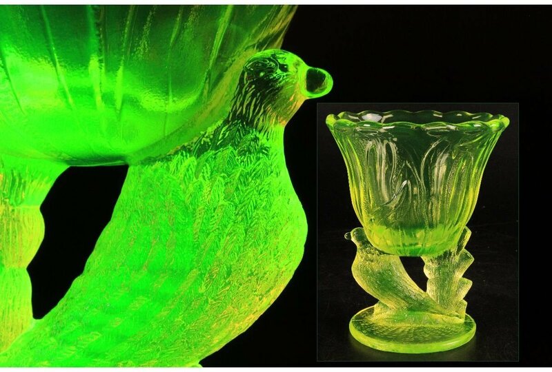 [URA]ウランガラス/鳥型リキュールグラス/共箱/10-5-88　(検索)骨董/ガラス/アンティーク/レトロ/酒器/ガラス小物/古道具