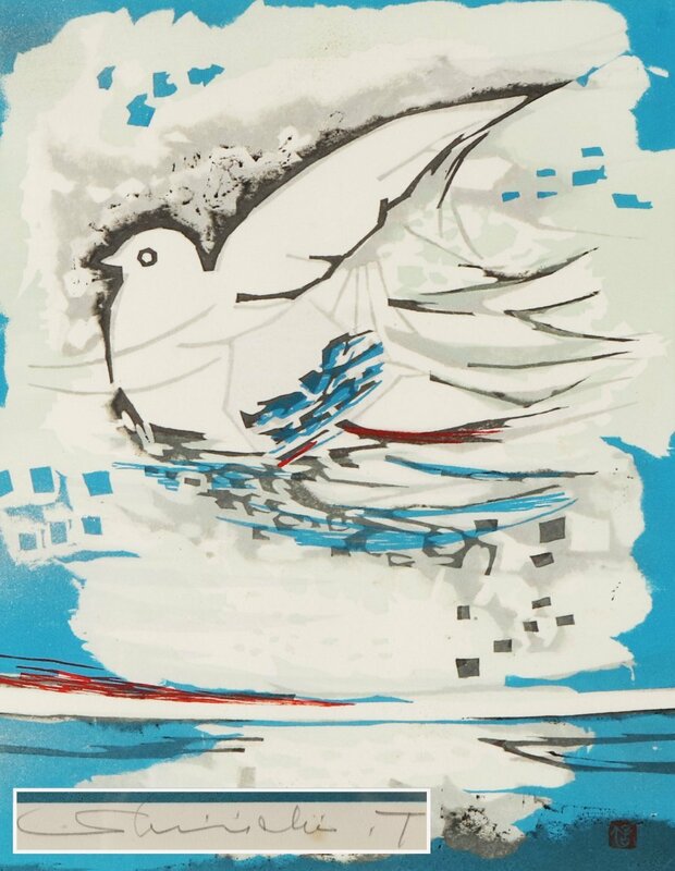 [URA]高橋信一『白い鳥 35/500』/版画/36cm×29cm/4-5-121　(検索)骨董/絵画/額装/壁掛/日本画/版画/風景画