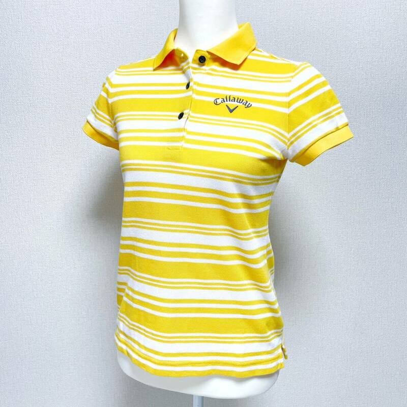 美品　callaway キャロウェイ　ボーダー　半袖　ポロシャツ　シャツ　ゴルフ　ウェア　レディース　M サイズ　黄色　イエロー