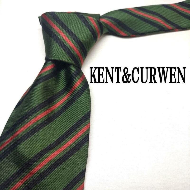 KENT&CURWEN グリーン ストライプ シルク100％ 英国製 【美品】