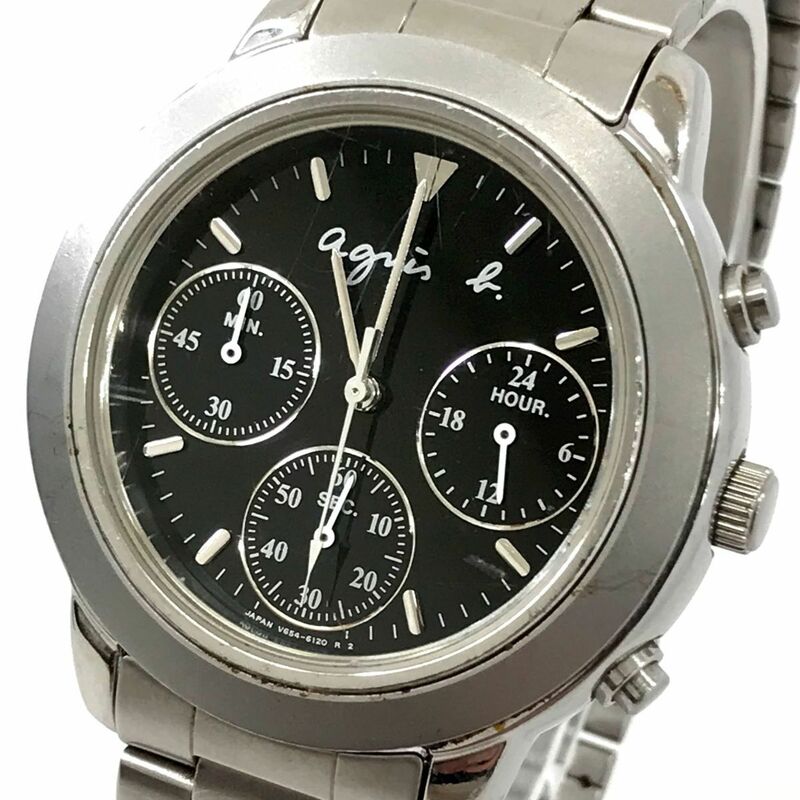 agnes b アニエスベー 腕時計 V654-6100 クオーツ アナログ クロノグラフ ラウンド シルバー ブラック コレクション 電池交換済 動作確認済