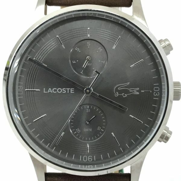 新品 LACOSTE ラコステ 腕時計 2011066 クオーツ アナログ ラウンド ブラック レザー カレンダー コレクション 箱付き 電池交換済み .