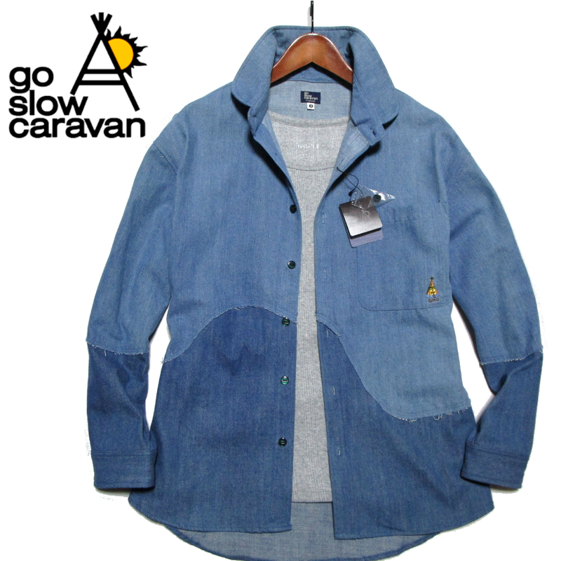 新品 【GO SLOW CARAVAN】 定価1.1万　ぐねぐね切替シャツ　インディゴ　デニム　サイズ3（M） ゴースローキャラバン