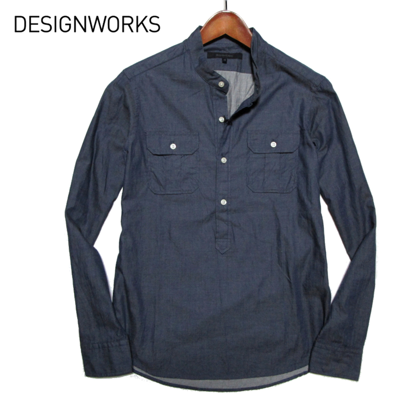 新品【デザインワークス】 バンドカラー　シャンブレーシャツ　プルオーバー　サイズ46（M)　インディゴ　DESIGNWORKS　アバハウス