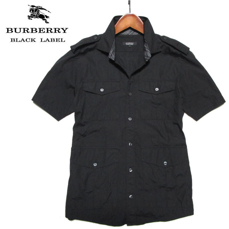 【バーバリー ブラックレーベル】 4枚ポケット　半袖ミリタリーシャツ　サイズ2（M） ブラック　BURBERRY BLACK LABEL　三陽商会