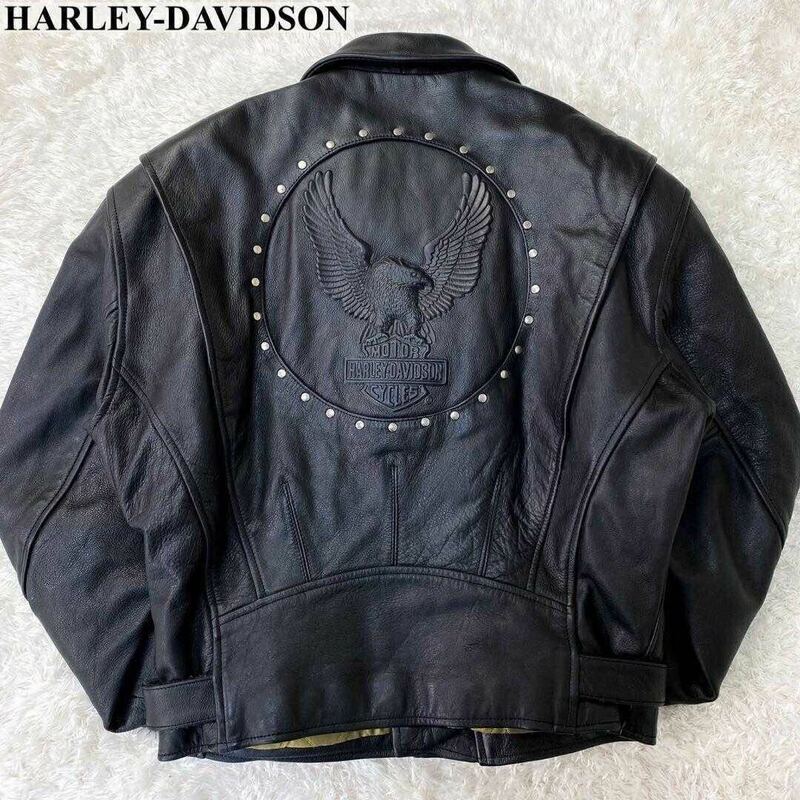 美品 希少 ハーレーダビッドソン Harley Davidson ライダースジャケット ダブル レザージャケット バイカー エンボス スタッズ ブラック