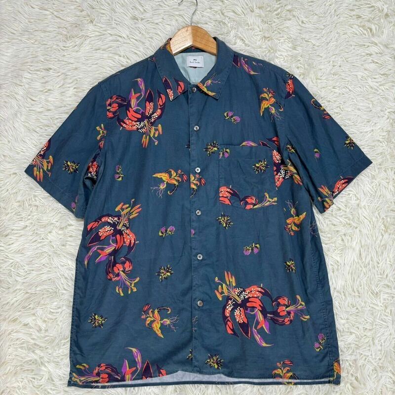 近年モデル 希少Lサイズ Paul Smith ポールスミス メンズ アロハシャツ 半袖シャツ 柄シャツ 開襟 花柄 ボタニカル フローラル 総柄 ブルー