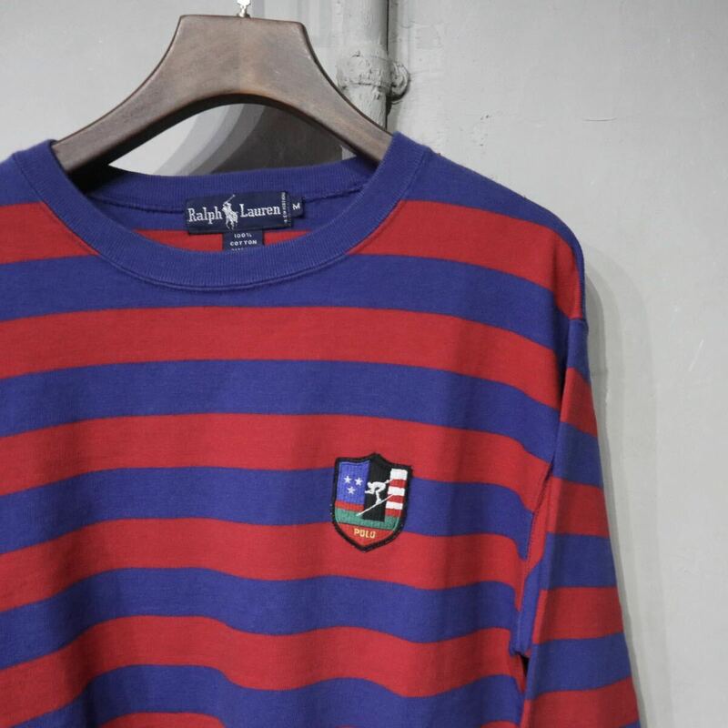 【即決】90s polo ralph lauren ポロラルフローレン スーサイドスキー ワッペン ボーダー カットソー ロング Tシャツ レッド ブルー 古着 M