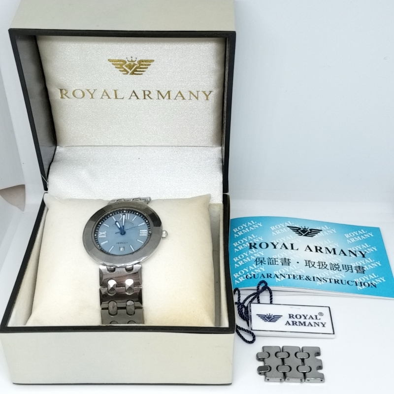 7069★ROYAL ARMANY ロイヤルアルマーニ 腕時計 TN-M007 ブルーシェル文字盤 3針 クォーツ 調整コマ有り 腕回り約16cm メンズ レディース