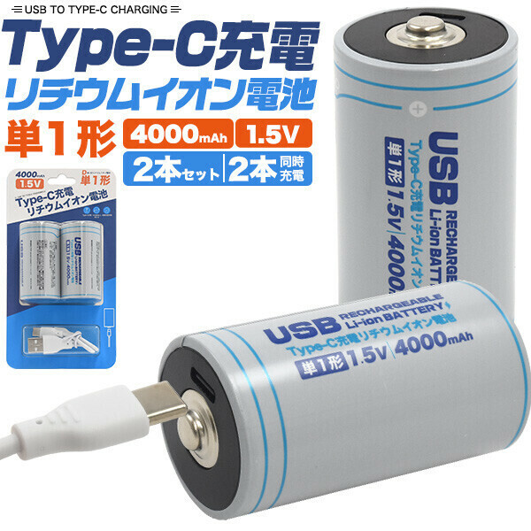 電池 充電 Type-C 充電 リチウムイオン電池 単1形 2本