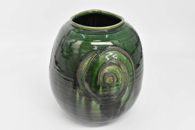(795L 0515M15) 1円～ 花瓶 鉱 在銘 飾壷 緑彩 花器 花生 花入 華道具 置物 オブジェ インテリア