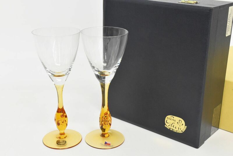 (810S 0528M18) 1円～ 未使用 ボヘミアガラス ワイングラス ペア チェコ 酒器 洋食器 工芸ガラス