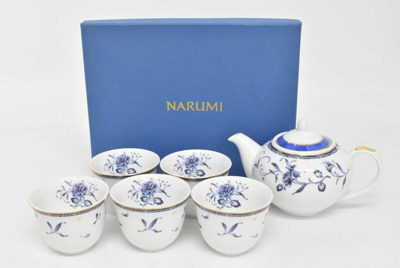 (818M 0530M21) 1円～ 未使用 NARUMI ナルミ 茶器揃 急須 湯呑 5客 花柄 金彩 茶道具 和食器