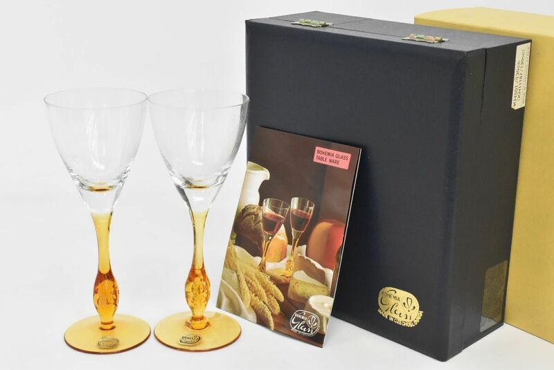 (810M 0530M18) 1円～ 未使用 ボヘミアガラス ワイングラス ペア チェコ 酒器 洋食器 工芸ガラス