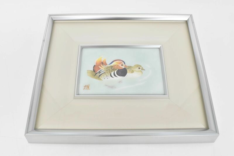 (818M 0531M5) 1円～ 七宝焼 額装 鳥図 カモ おしどり 壁掛 額縁 インテリア 置物 オブジェ コレクション 美術品