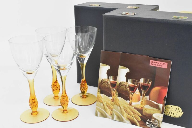 (810M 0531M2) 1円～ 未使用 ボヘミアガラス ワイングラス 2箱セット 4客 チェコ 酒器 洋食器 工芸ガラス