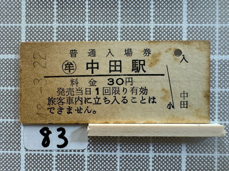 Mb83.【硬券 鉄道 入場券】 中田駅