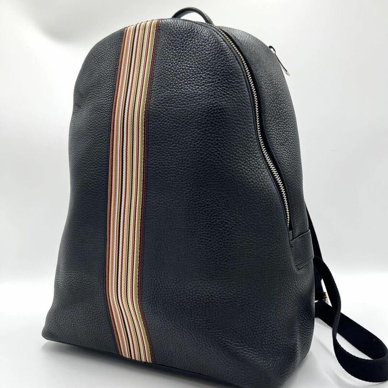 1円【極美品】ポールスミス Paul Smith リュック バックパック ビジネスバッグ センターマルチストライプ 2way ロゴ オールレザー ブラック