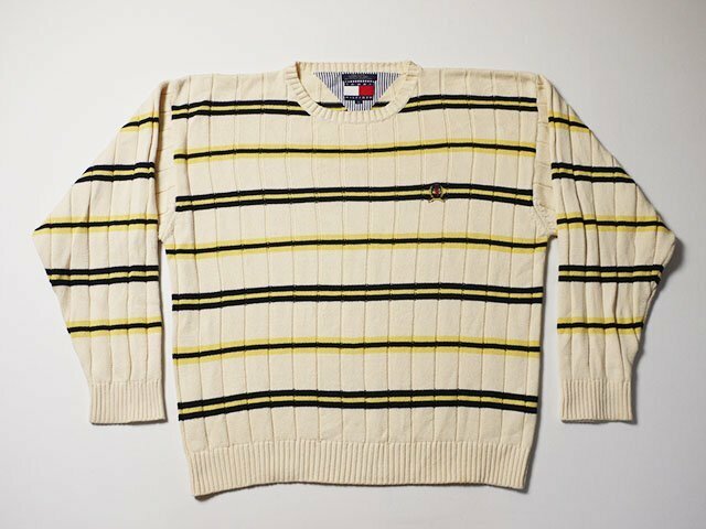 オールド◆　TOMMY HILFIGER　トミーヒルフィガー　コットンセーター　ボーダーニット　Lサイズ　エンブレム刺繍　セーター　90s