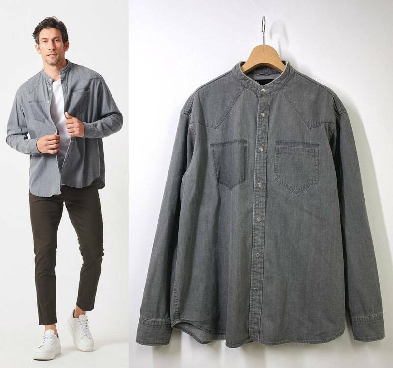 【23AW 定価3.5万円】Junhashimoto ジュンハシモト 加工バンドカラーデニムシャツ 3 ブラック 黒 長袖シャツ ウエスタンシャツ