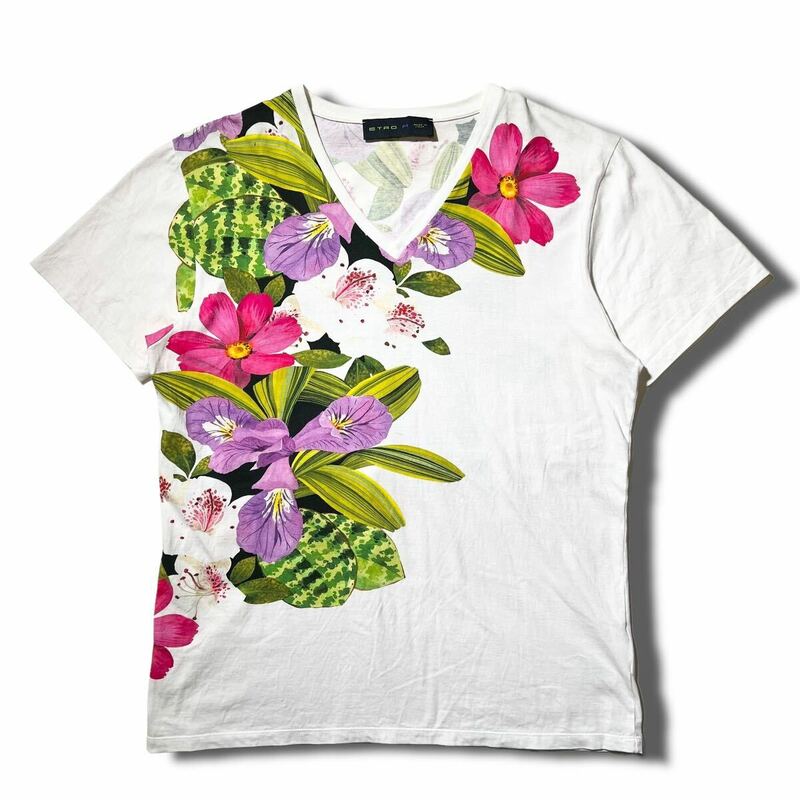 美品 ITALY製 ETRO Vネック 半袖 Tシャツ フラワー プリント 花柄 フローラル M エトロ