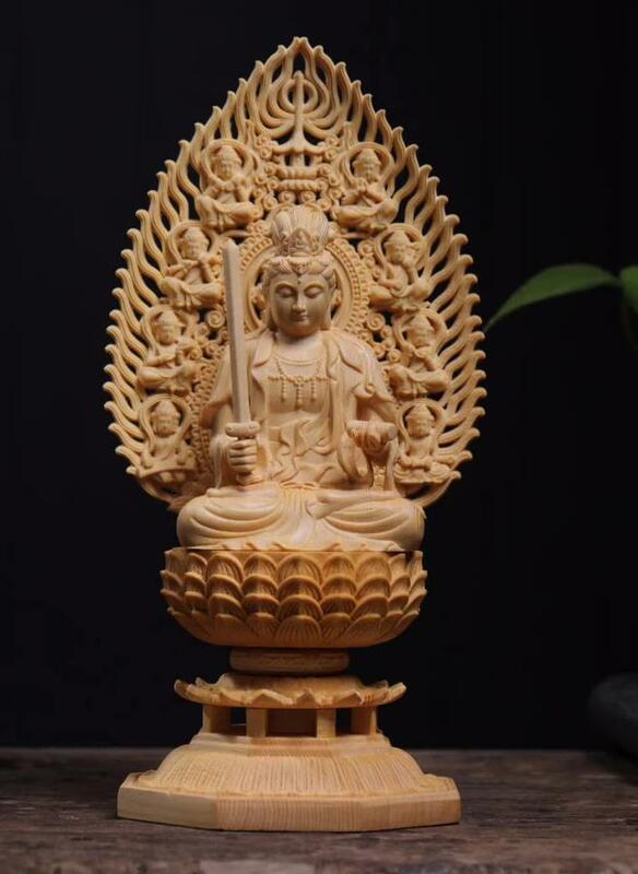 仏教美術 精密彫刻 仏像 手彫り 木彫仏像 文殊菩薩座像高さ約28.5cm
